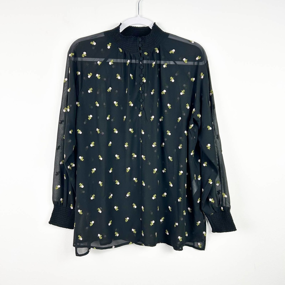 Cabi Algeria Black Flower Embroidered Blouse Sheer Style 5338 Size Small
